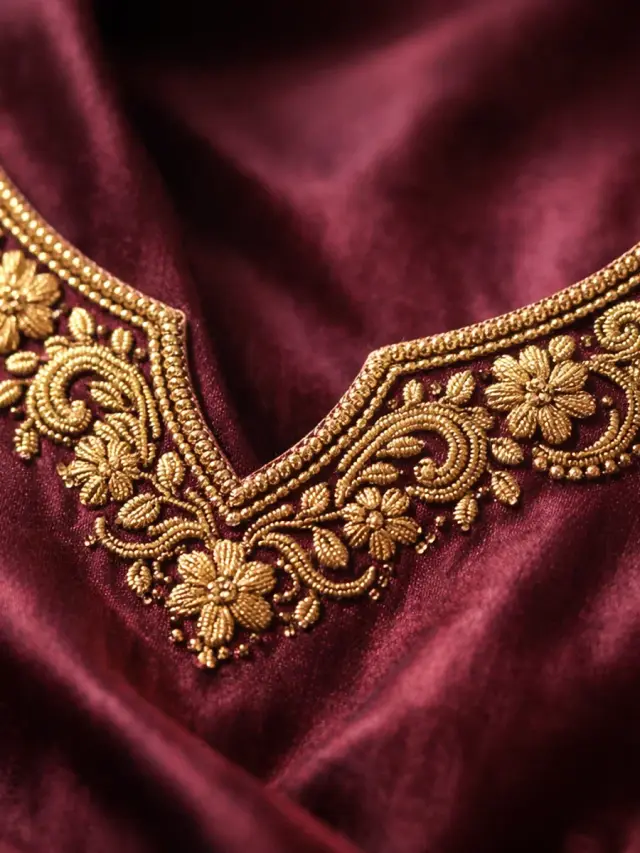 Gold zari hand embroidery on maroon silk blouse — Akira Fashion Studio Bangalore